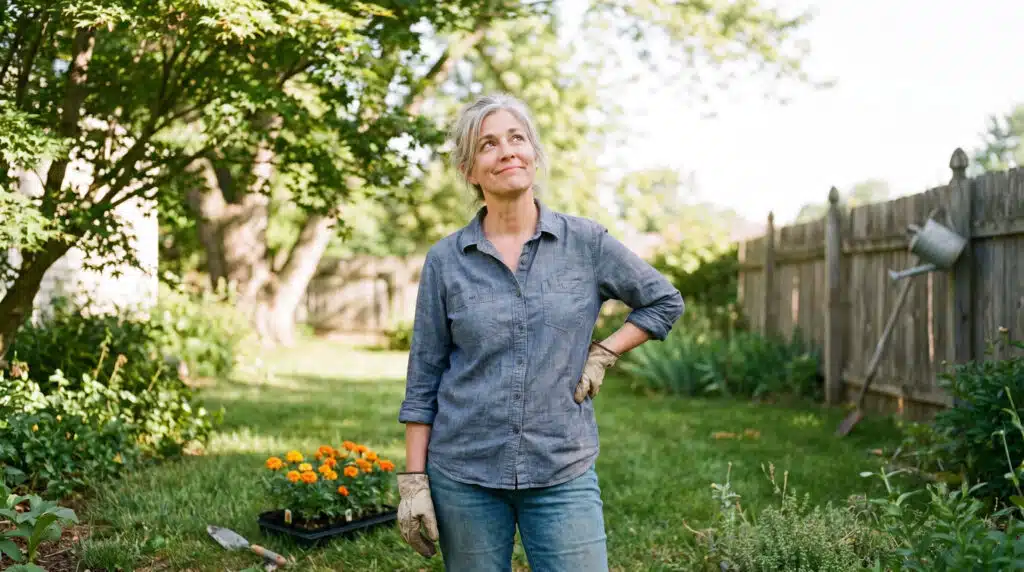 Central Maryland woman in her sixties pausing in her summer garden, one hand resting at her lower back after a long stretch of planting.