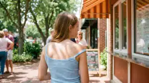 An adolescent walks down a sunlit mid-Atlantic sidewalk in a casual summer tank top, viewed from behind, with one shoulder strap sitting noticeably lower than the other.