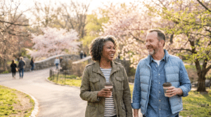 A Black woman and white man in their late 50s laughing together while walking through a cherry blossom park on a spring morning