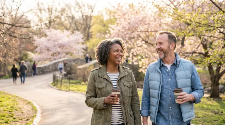 A Black woman and white man in their late 50s laughing together while walking through a cherry blossom park on a spring morning