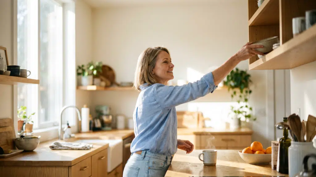 A woman in her early fifties reaches up to a high kitchen shelf in bright morning light, coffee mug on the counter beside her