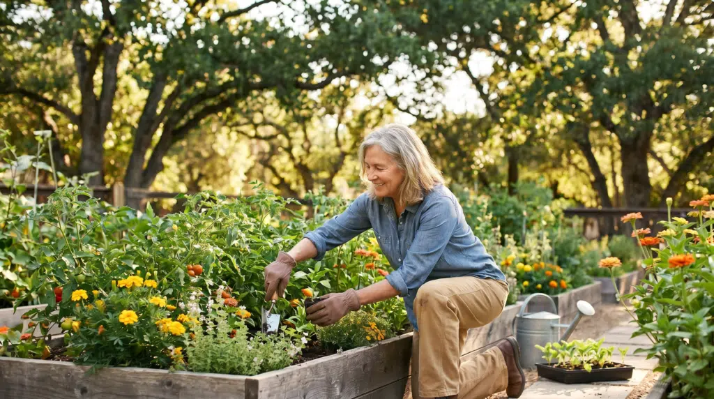 A woman in her late sixties reaches comfortably into a raised garden bed, tending summer flowers — an everyday motion that shoulder replacement can help restore