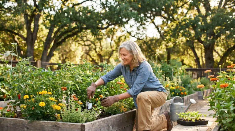 A woman in her late sixties reaches comfortably into a raised garden bed, tending summer flowers — an everyday motion that shoulder replacement can help restore