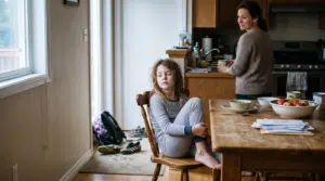 A girl of about ten sits sideways on a kitchen chair in pajamas on a quiet morning, legs drawn up, while her mother stands at the counter nearby with a mug