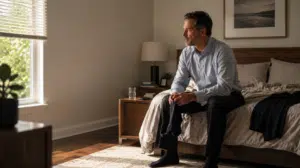 A man in his late forties sits on the edge of his bed in the morning, dressed for work and holding his socks.