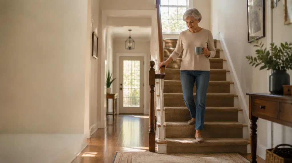 A woman in her early seventies walks down a carpeted staircase at home in morning light, holding a coffee mug and resting one hand on the railing.
