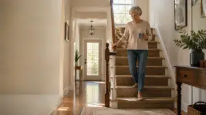 A woman in her early seventies walks down a carpeted staircase at home in morning light, holding a coffee mug and resting one hand on the railing.
