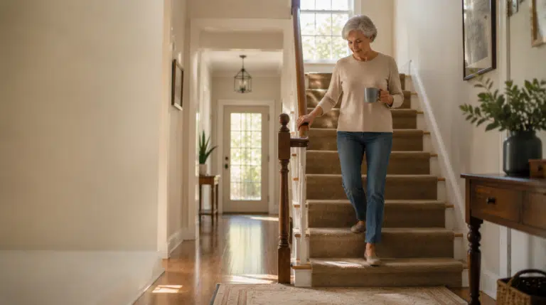 A woman in her early seventies walks down a carpeted staircase at home in morning light, holding a coffee mug and resting one hand on the railing.