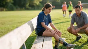 A teenage girl soccer player sits on a sideline bench in late-afternoon golden light, looking down thoughtfully, while a coach crouches nearby with calm attention