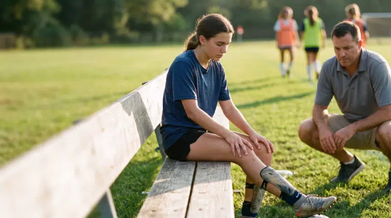 A teenage girl soccer player sits on a sideline bench in late-afternoon golden light, looking down thoughtfully, while a coach crouches nearby with calm attention