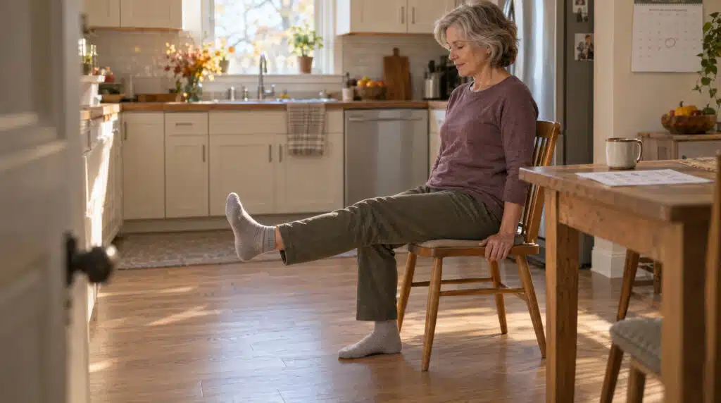 A woman in her early sixties does a seated leg extension on a kitchen chair in morning light, prehab before knee replacement, with an exercise sheet and coffee on the table beside her