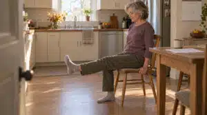 A woman in her early sixties does a seated leg extension on a kitchen chair in morning light, prehab before knee replacement, with an exercise sheet and coffee on the table beside her