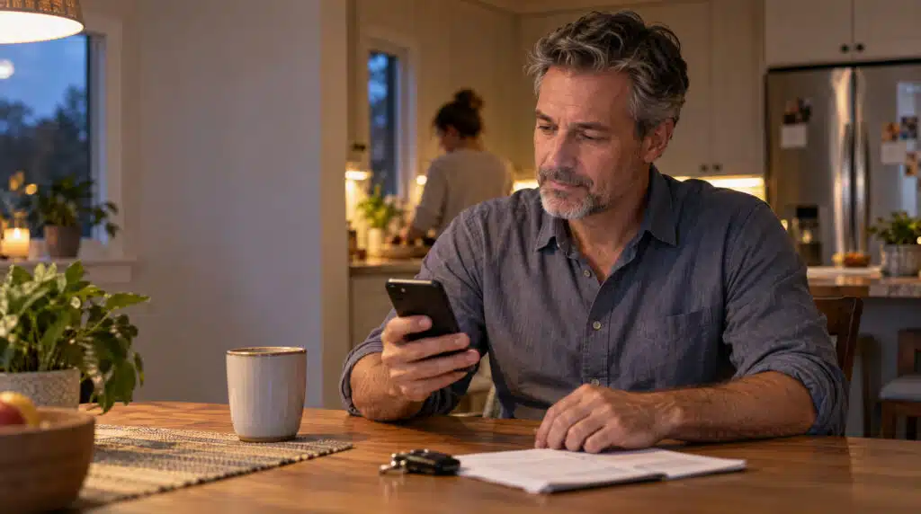 A man in his early fifties reads an appointment confirmation from an orthopedic physician assistant on his phone at a warmly lit kitchen table