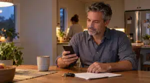 A man in his early fifties reads an appointment confirmation from an orthopedic physician assistant on his phone at a warmly lit kitchen table
