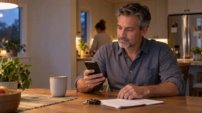 A man in his early fifties reads an appointment confirmation from an orthopedic physician assistant on his phone at a warmly lit kitchen table